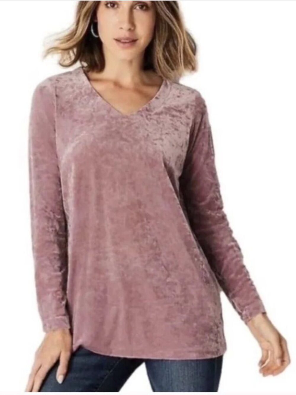 J. Jill Small P Pink Crushed Velvet V-Neck Long Sleeve Tunic Top Blouse